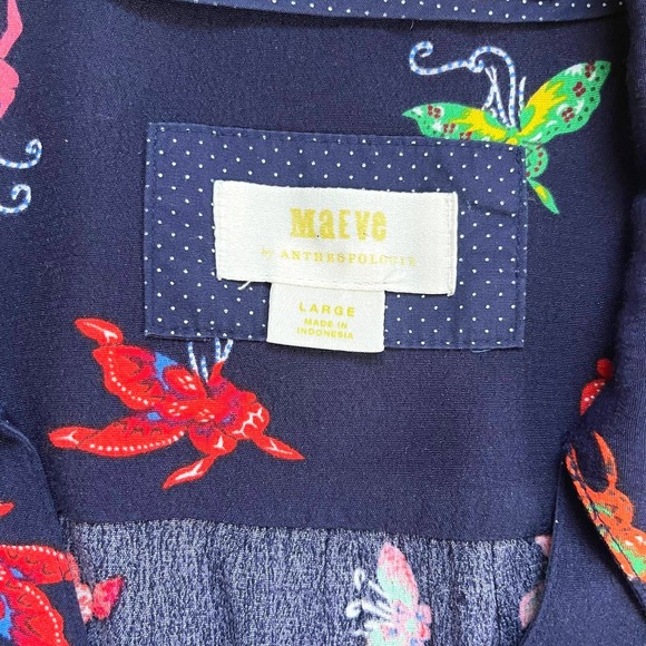 Maeve Anthropologie Navy Butterfly Print Button Tie Waist Midi Shirt Dress Large - Picture 5 of 11
